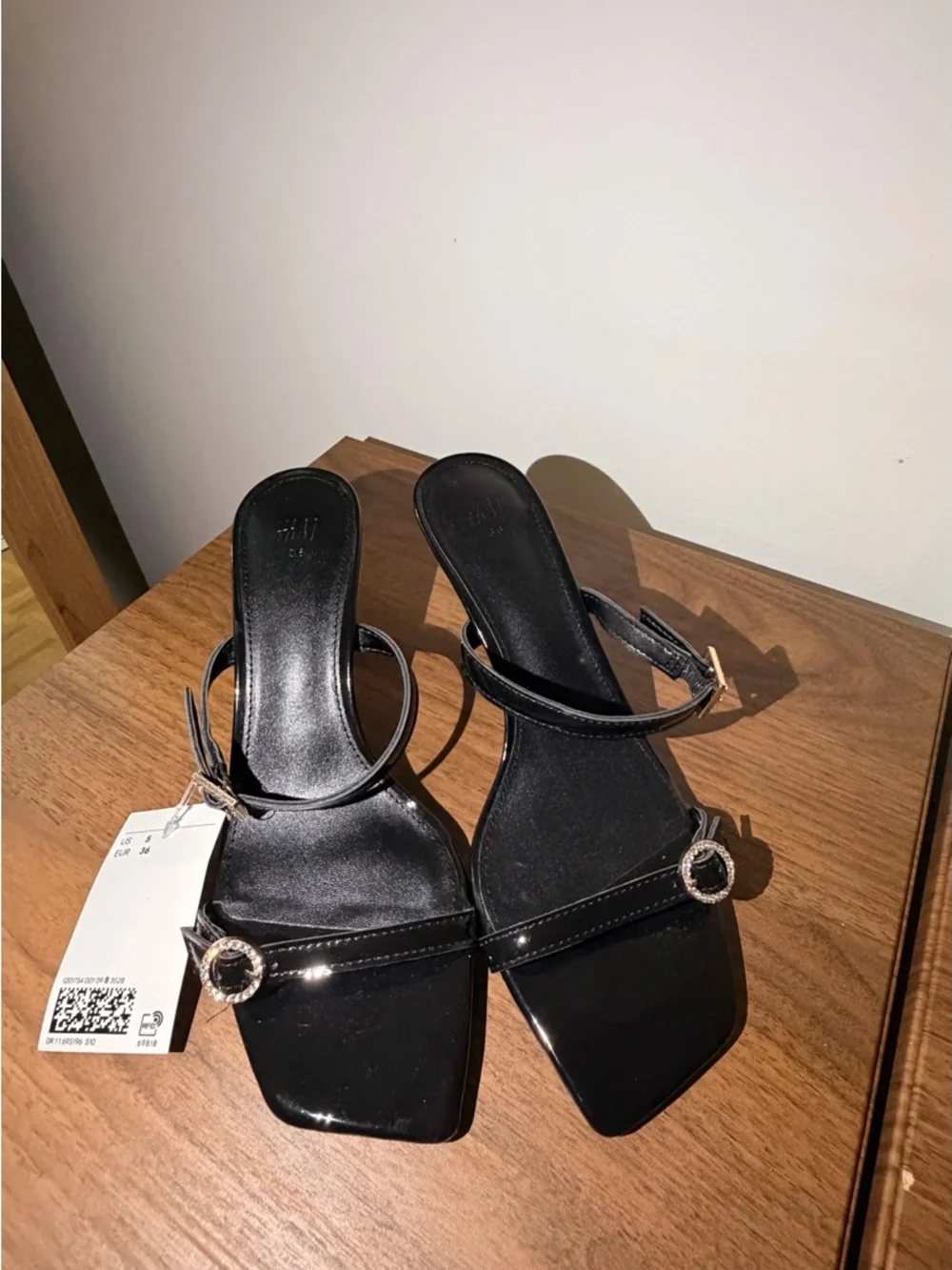 H&M Black Patent Strappy Mid-Heel Sandals with Gold Buckle - Picture 6 of 6